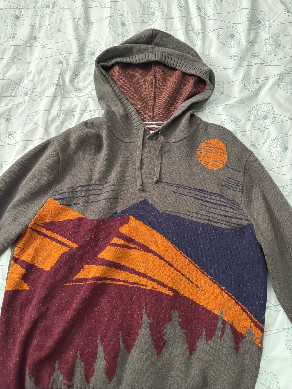 Sun + Stone Olive Hooded Pullover with Orange and Maroon Landscape